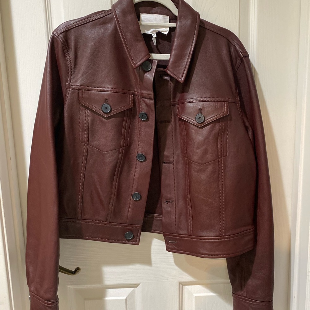 FRAME Womens Leather Trucker Jacket L Burgundy Supple Lamb Leather Coat.